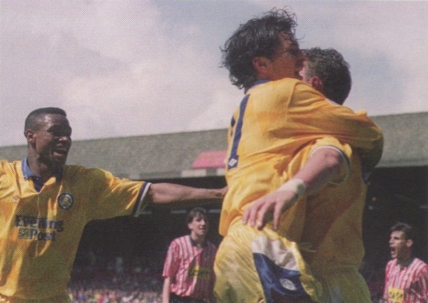 ...and is understandably mobbed. But the celebrations didn't last as Lee Chapman turned into his own goal from a corner...